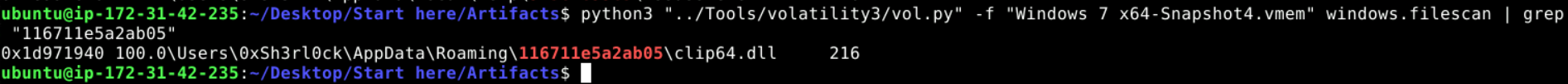 Volatility3 windows.filescan filtered for the roaming directory hash, showing clip64.dll at the path Users\0xSh3rl0ck\AppData\Roaming\116711e5a2ab05\clip64.dll.